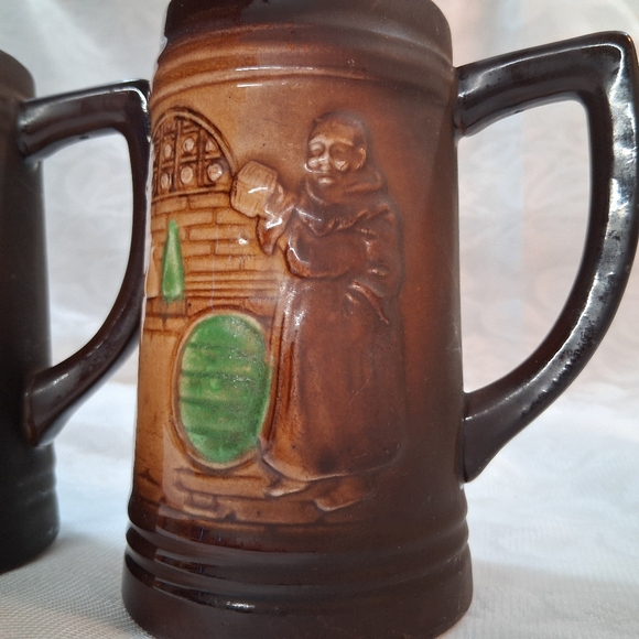 Vintage Moriyama Beer Mugs Monk Wine Cellar Japan Brown Pottery Steins Pair - Picture 11 of 16